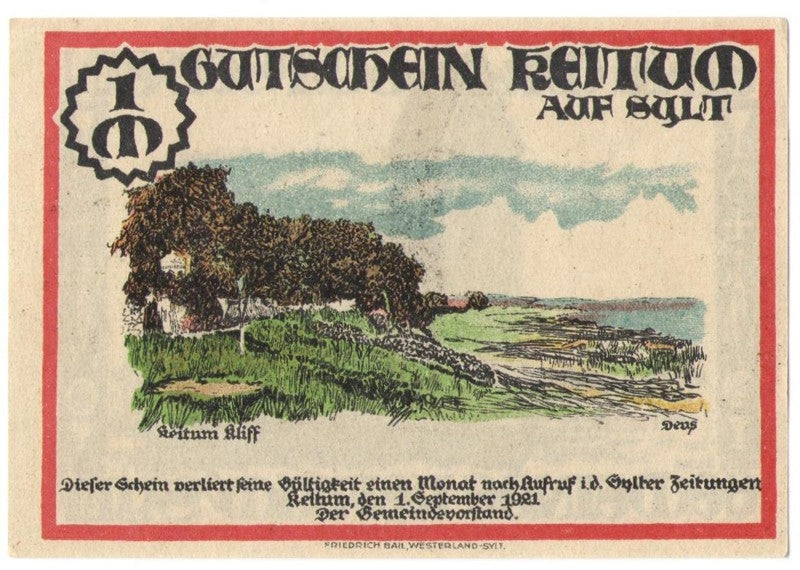 1 mark banknot zastępczy Keitum 1921