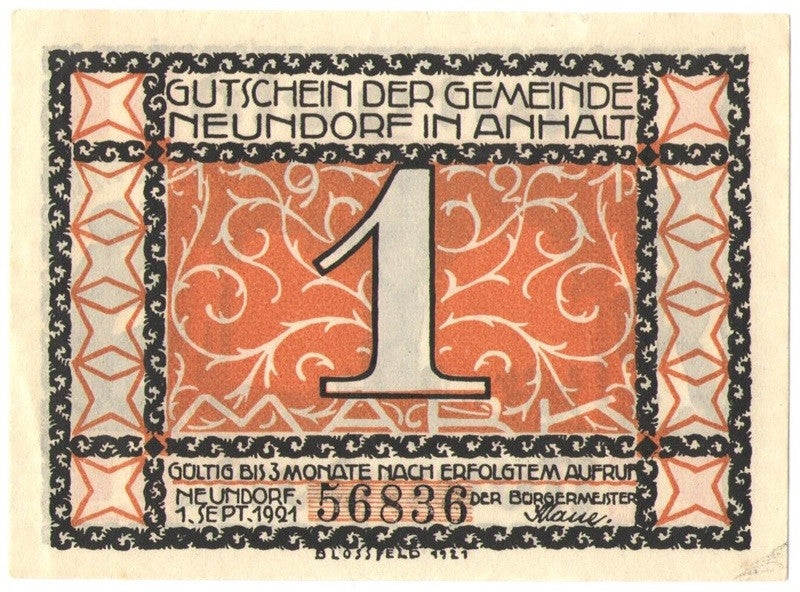 1 mark banknot zastępczy Neundorf 1921