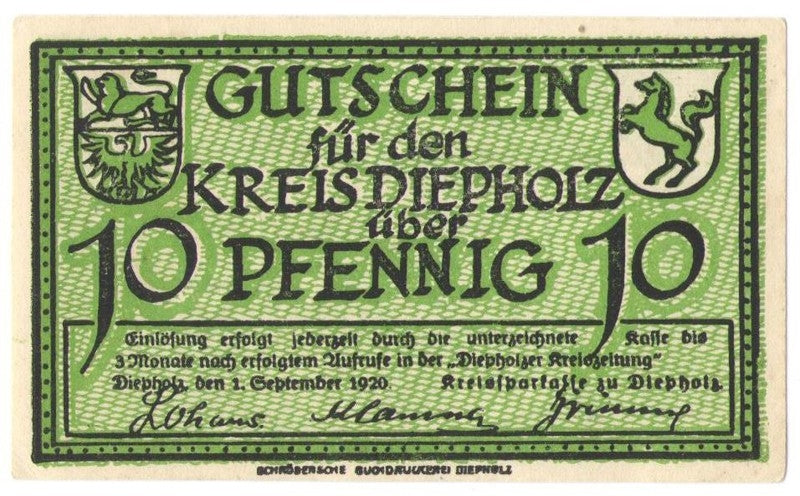 10 Pf banknot zastępczy Kreis Diepholz 1920