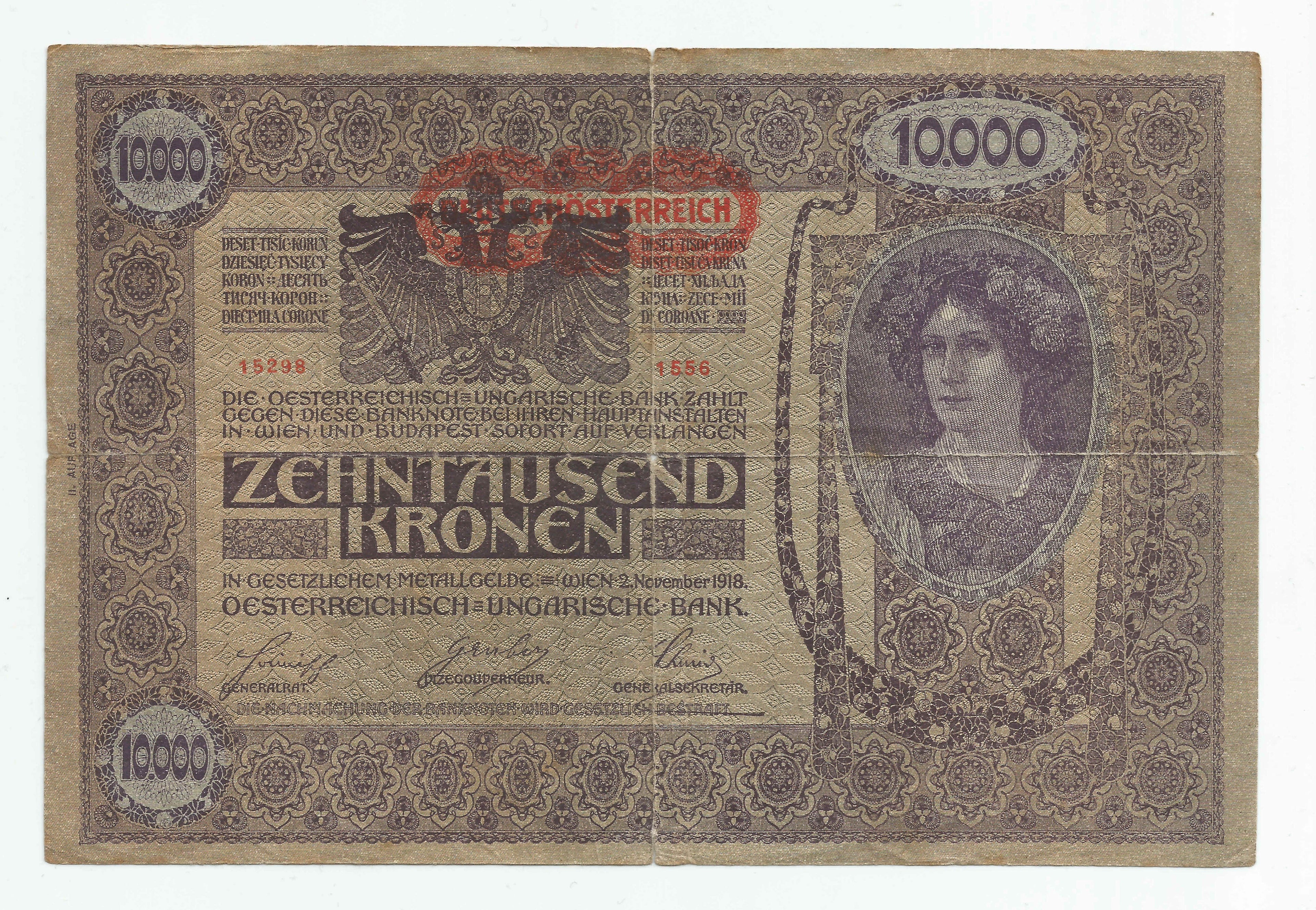 10000 koron Austria 1918, seria 15298 nr 1556, stan 4