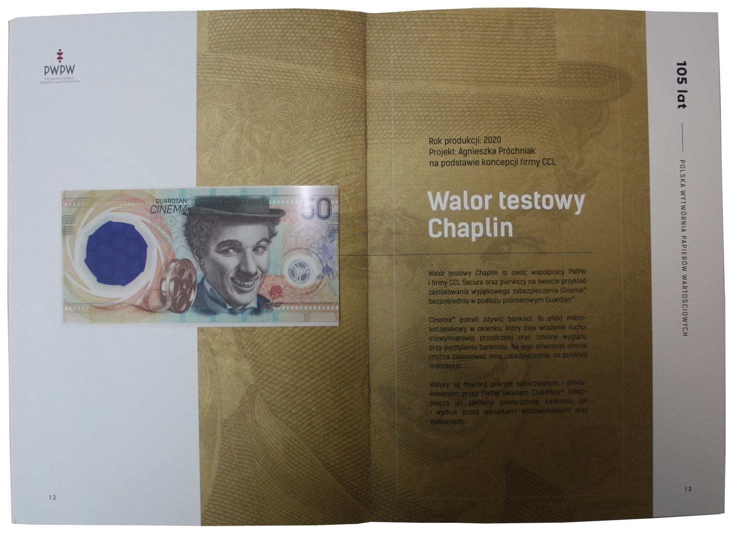 105 lat PWPW, banknoty testowe  Chaplin, Afryka 55, Sowa, znaki wodne, ryt, karta NFT