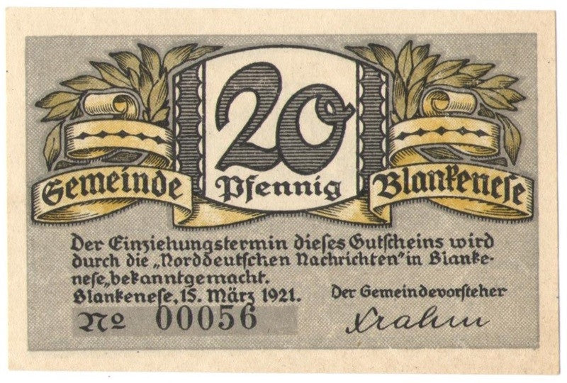 20 Pf banknot zastępczy Blankenese 1921