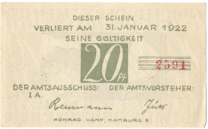20 Pf banknot zastępczy Brande-Hörnerkirchen 1922