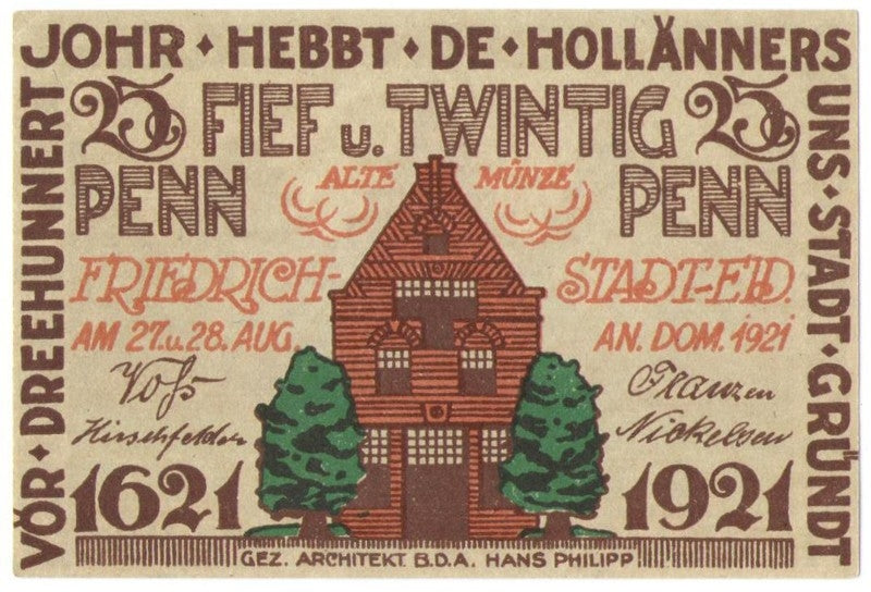 25 Pf banknot zastępczy Friedrichstadt 1921