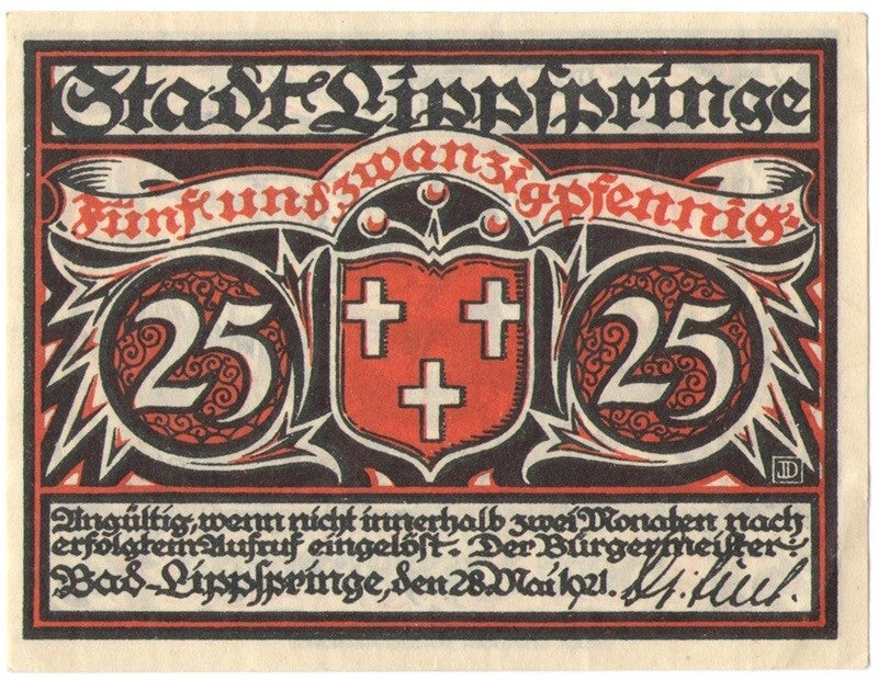 25 Pf banknot zastępczy Lippspringe 1921