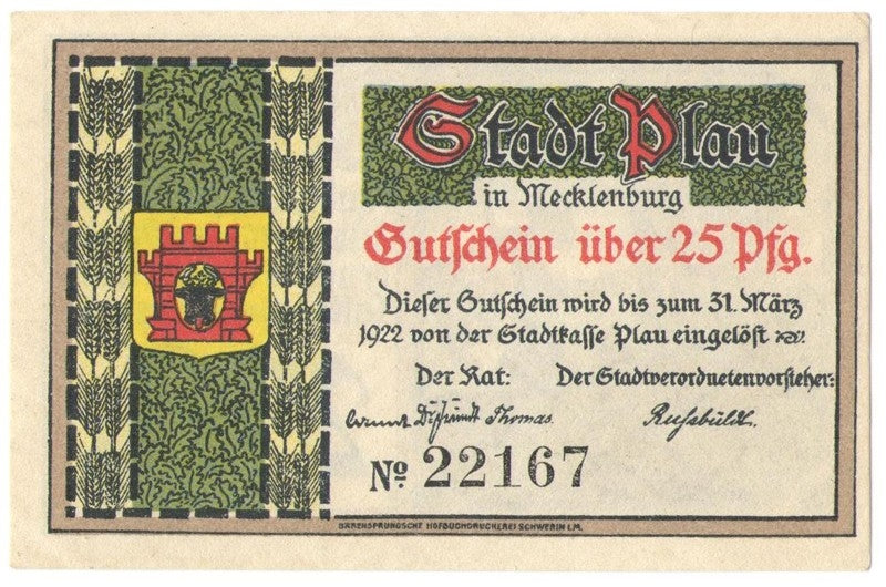 25 Pf banknot zastępczy Plau 1922