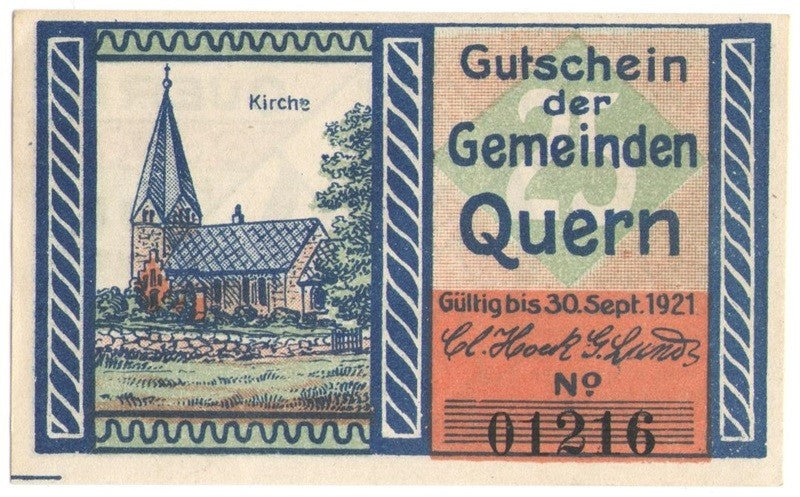 3 szt. x 25 Pf banknot zastępczy Gutschein Der Gemeinden Quern