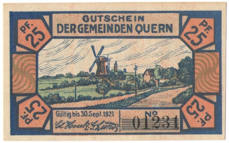 3 szt. x 25 Pf banknot zastępczy Gutschein Der Gemeinden Quern