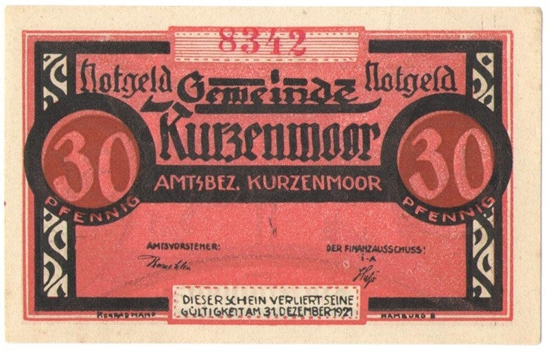 30 Pf banknot zastępczy Kurzenmoor 1921