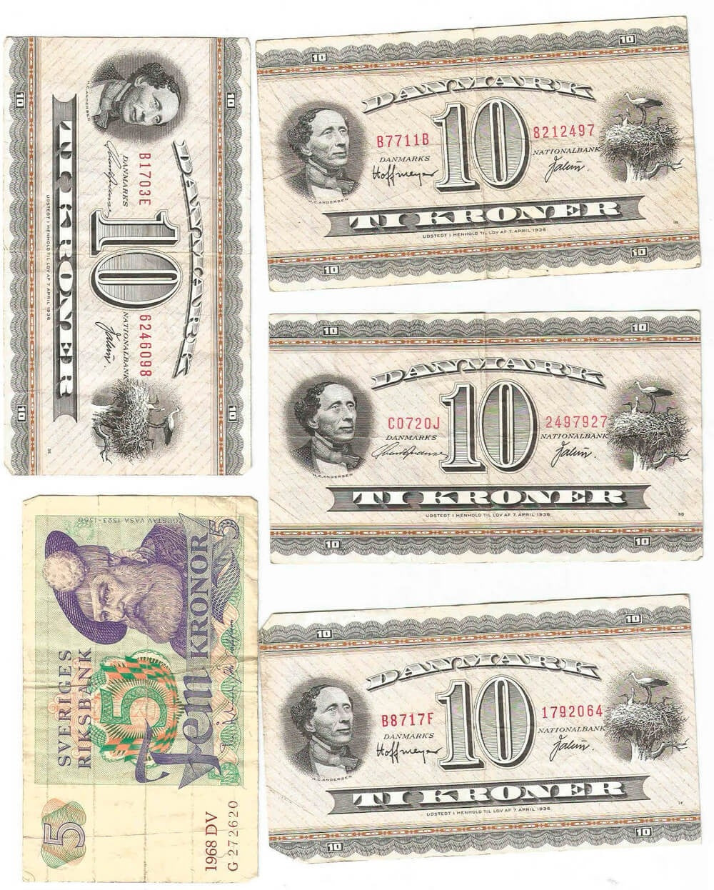 4 x 10 kroner 1936 Dania + 1 x 5 Kronor Szwecja 1968