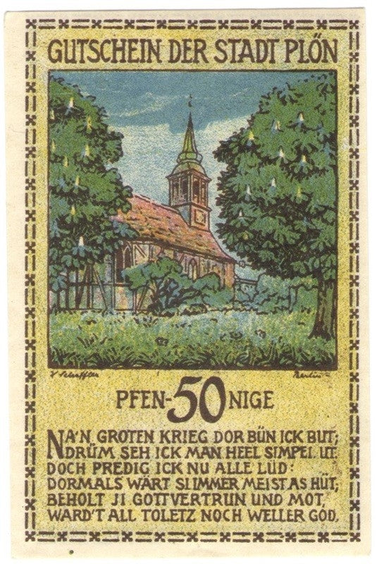 50 Pf banknot zastępczy Gutscheinserie der Stadt Plön 1921