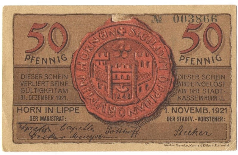 50 Pf banknot zastępczy Horn in Lippe 1921