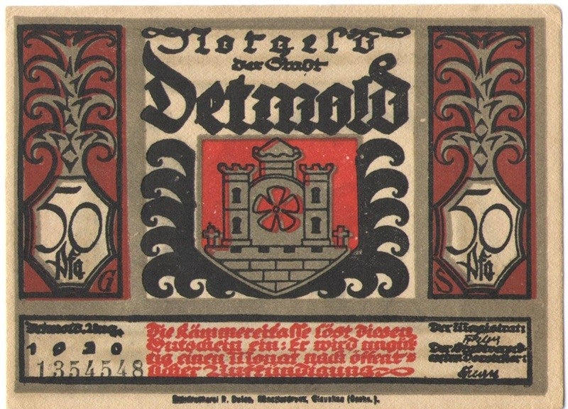 50 Pf banknot zastępczy miasto Detmold 1921