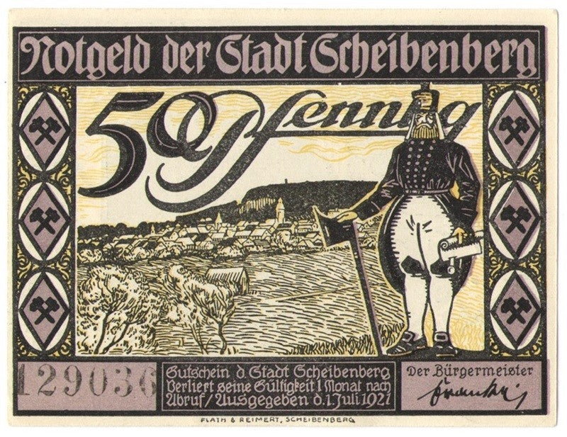 50 Pf banknot zastępczy miasto Scheibenberg 1921