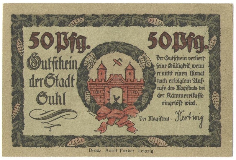 50 Pf banknot zastępczy miasto Suhl 1922