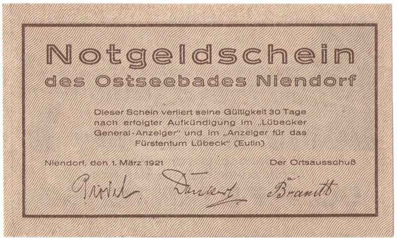 50 Pf banknot zastępczy Notgeldschein des Ostseebades Niendorf 1