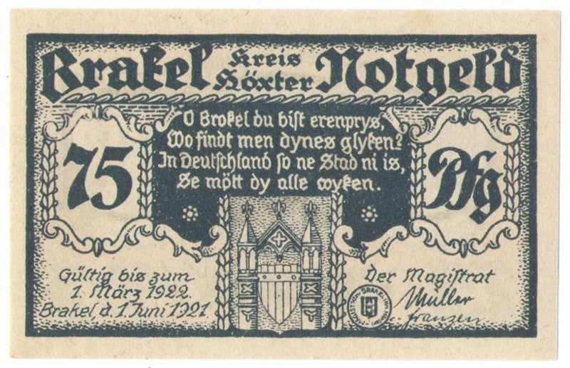 75 Pf banknot zastępczy Brakel 1922