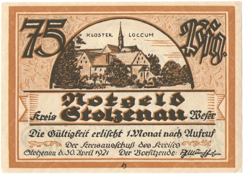 75 Pf banknot zastępczy Kreis Stolzenau 1921