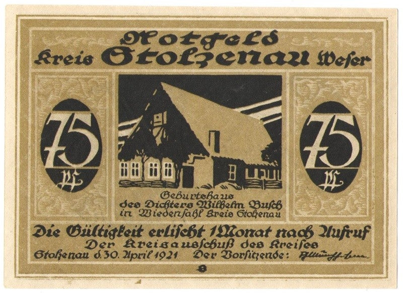 75 Pf banknot zastępczy Kreis Stolzenau Weser 1921