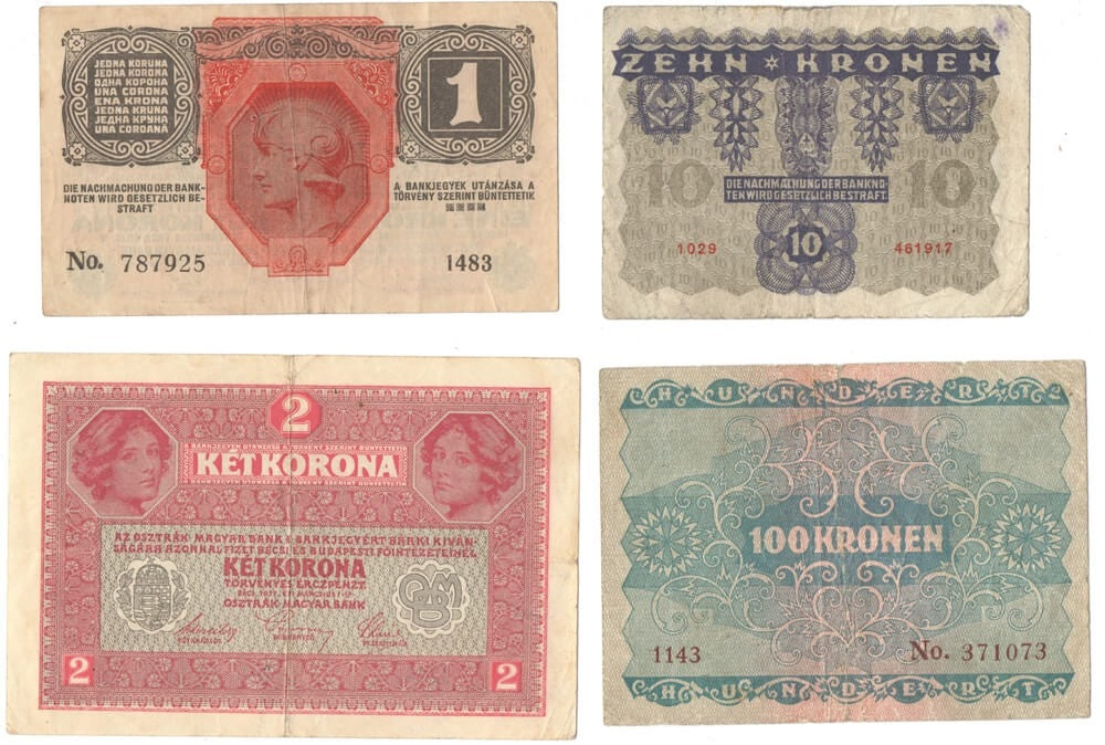 Austro-Węgry, zestaw banknotów 1914-1922, stan 3-4