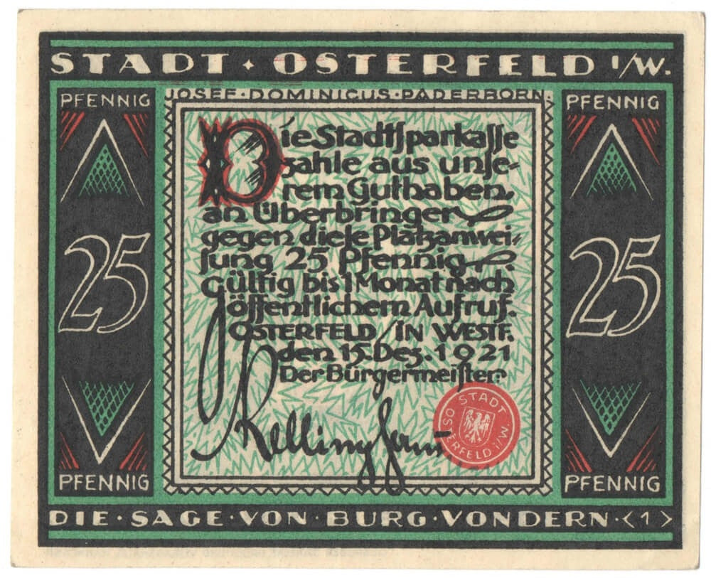 Banknot zastępczy (notgeld), 25 pfenigów, Osterfeld Niemcy, 1921 r.