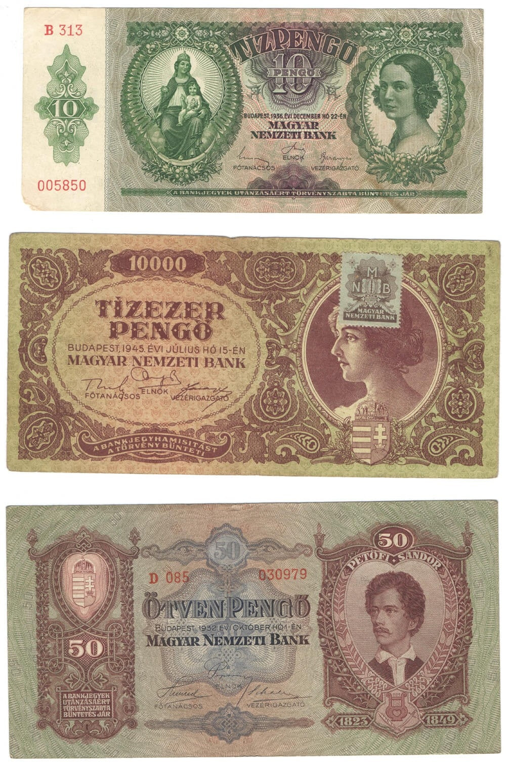 Banknoty 10, 50, 1.0000 Pengo, Węgry, 1932-1945, serie B, D, L, stany 2 do 3-