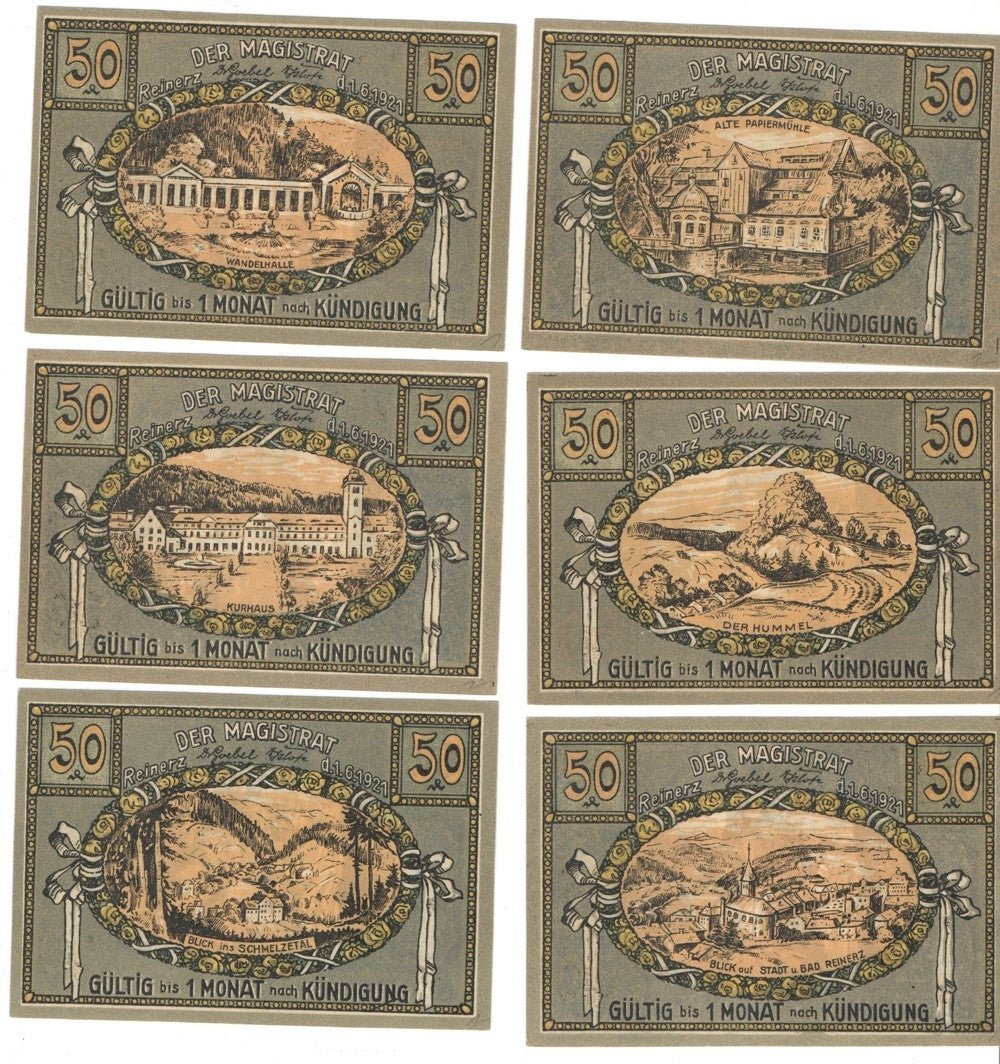 Banknoty zastępcze (notgeldy) Duszniki Zdrój (Bad Reinerz), 6 sztuk