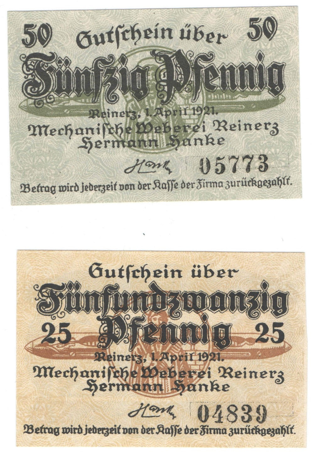 Banknoty zastępcze (notgeldy) Duszniki Zdrój (Bad Reinerz), 2 sztuki