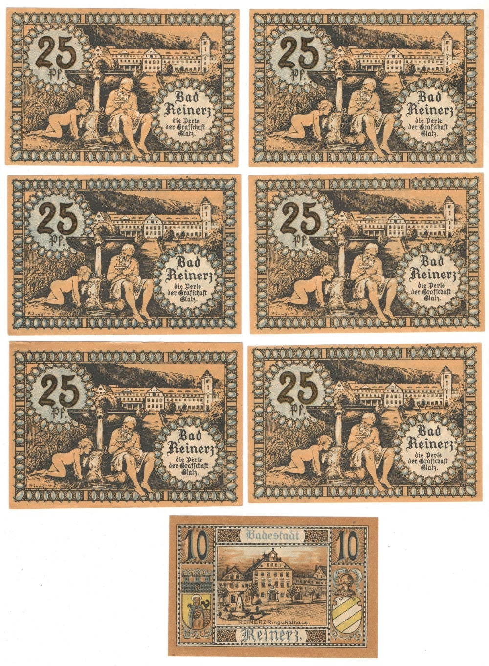 Banknoty zastępcze (notgeldy) Duszniki Zdrój (Bad Reinerz), 7 sztuk