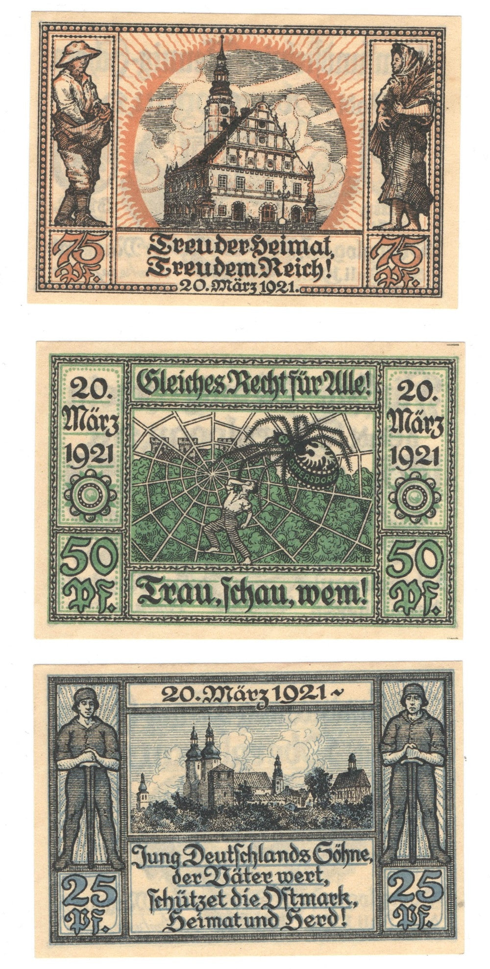 Banknoty zastępcze (notgeldy) Głogówek (Oberglogau), 3 sztuki