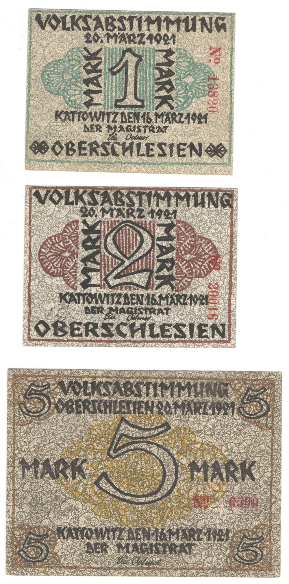 Banknoty zastępcze (notgeldy) Katowice, 3 sztuki, 1921
