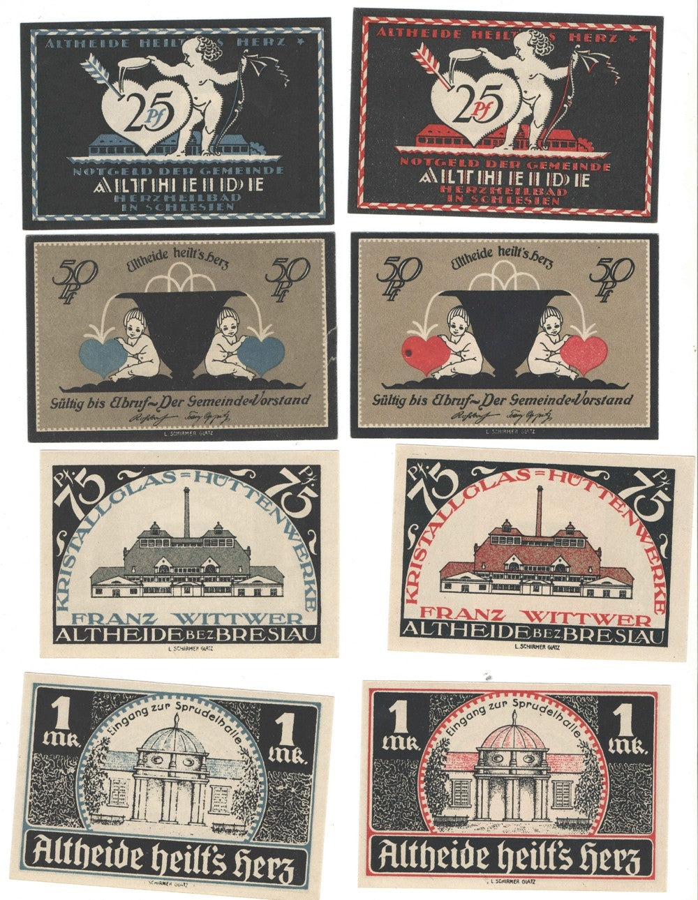 Banknoty zastępcze (notgeldy) Polanica Zdrój (Altheide), 8 sztuk
