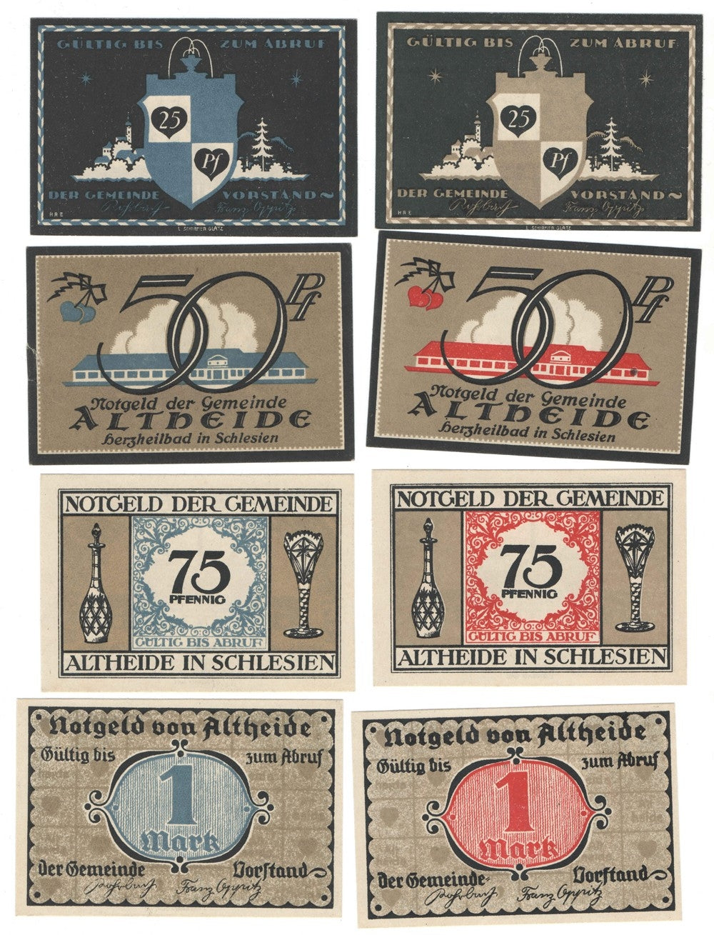 Banknoty zastępcze (notgeldy) Polanica Zdrój (Altheide), 8 sztuk