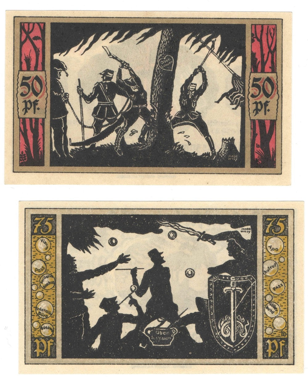 Banknoty zastępcze (notgeldy) Przysiecz (Przyschetz), 2 sztuki