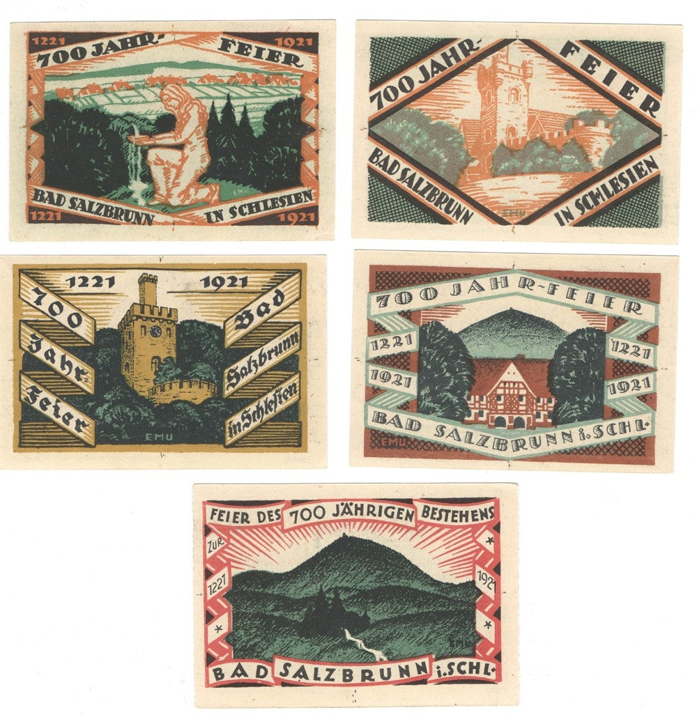 Banknoty zastępcze (notgeldy) Szczawno-Zdrój (Bad Salzbrun), 5 sztuk