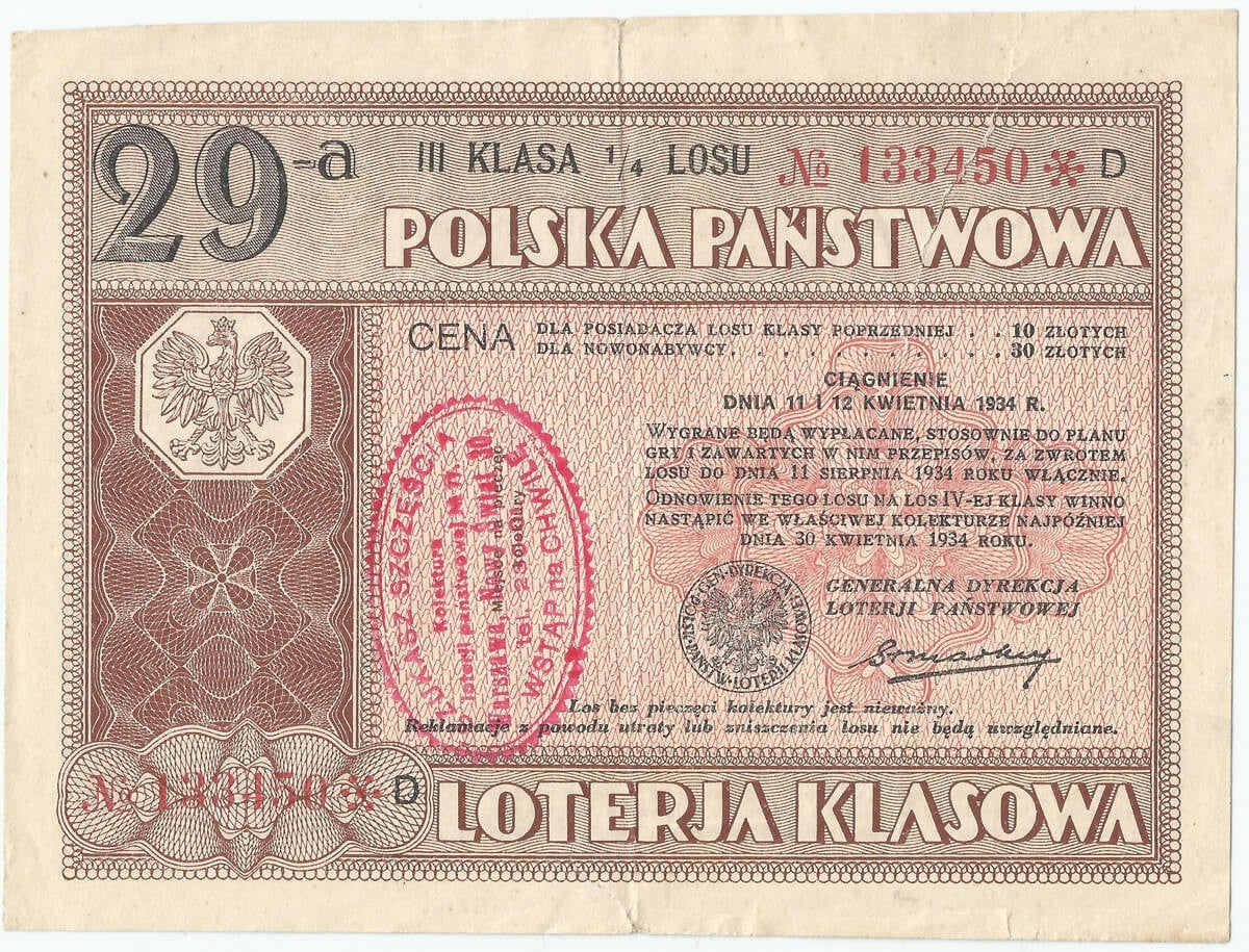 Bon 29-a polska państwowa loteria klasowa, 1934, st. 3-