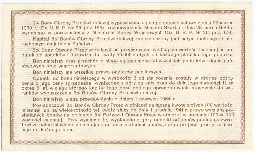 Bon obrony przeciwlotniczej na 20 złotych 1.06.1939, stan 1-