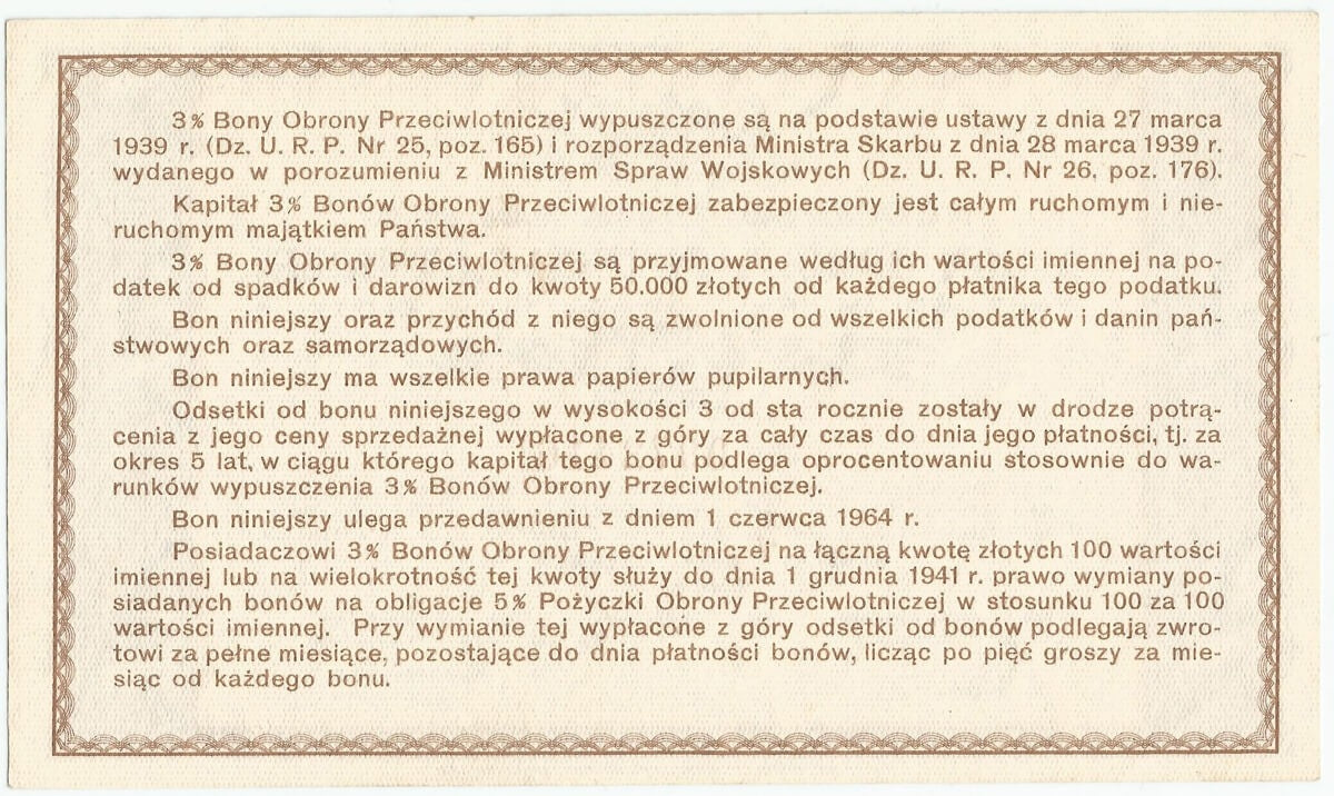 Bon obrony przeciwlotniczej na 20 złotych 1.06.1939, stan 1-