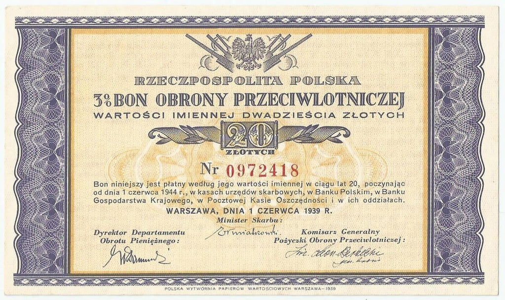 Bon obrony przeciwlotniczej na 20 złotych 1.06.1939, stan 1-