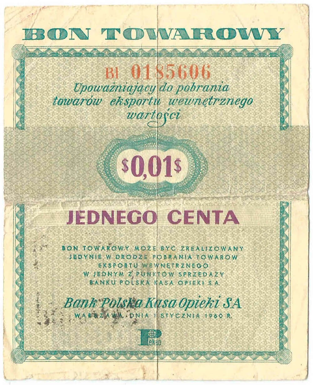Bon towarowy 1 cent 1960, seria BI, stan 3-
