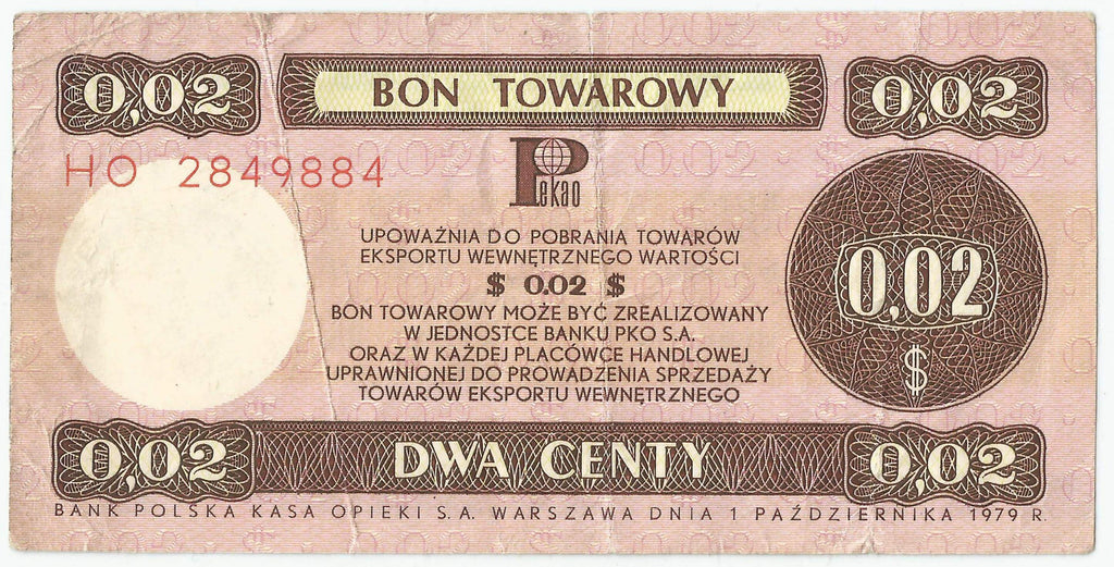 Bon towarowy Pewex 2 centy 1979 stan 3-