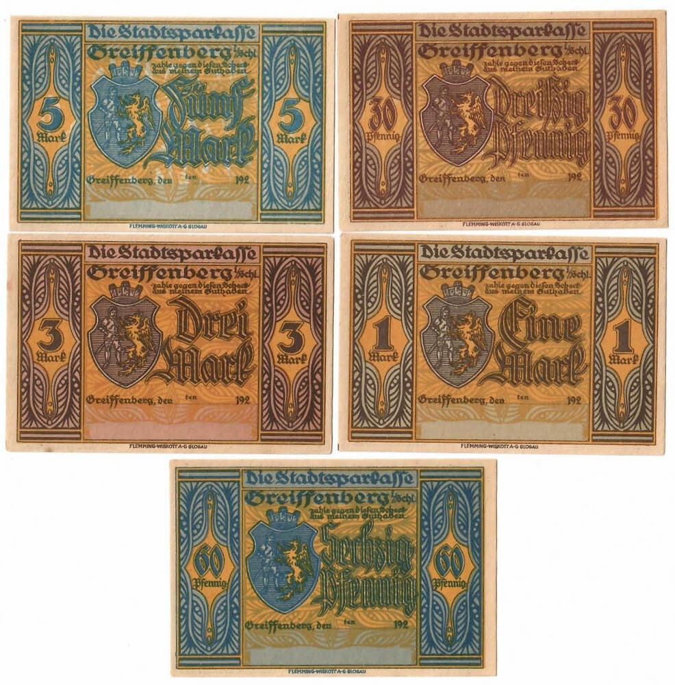 Lot: 5 x Notgeldy Gryfów śląski, 30,60 f, 1,3,5 m