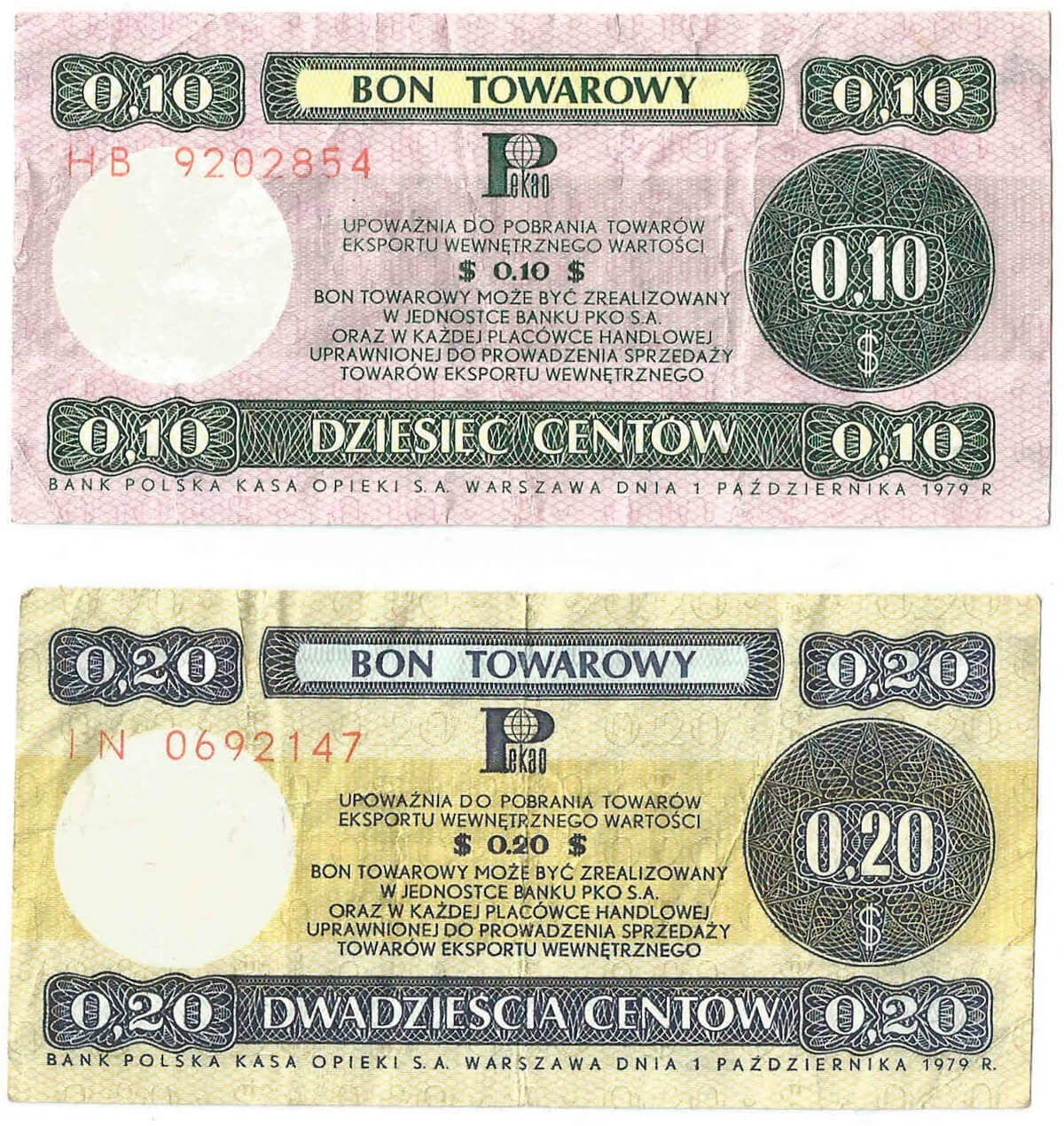 Lot: Zestaw 2 bonów towarowych, 10 centów + 20 centów, 1979, stan 3/3-