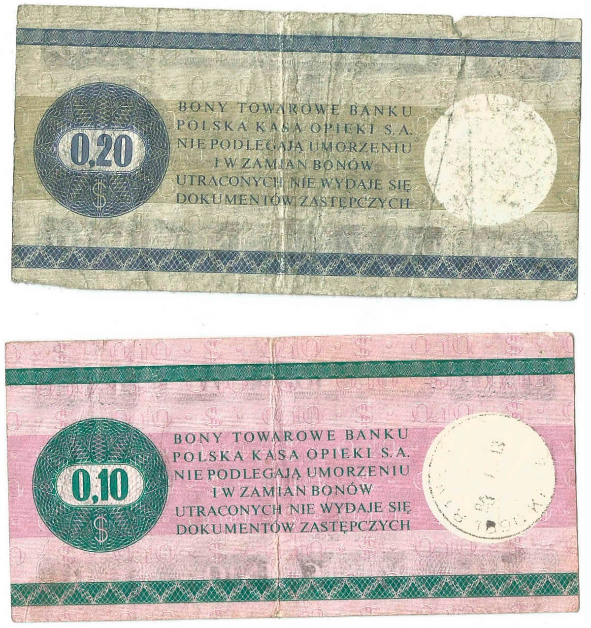 Lot: Zestaw 2 bonów towarowych, 10 centów + 20 centów, stan 3-/4+