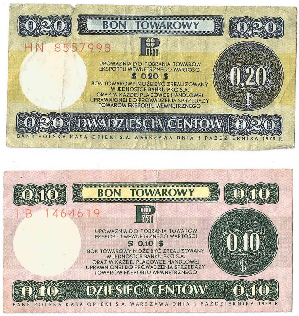 Lot: Zestaw 2 bonów towarowych, 10 centów + 20 centów, stan 3-/4+