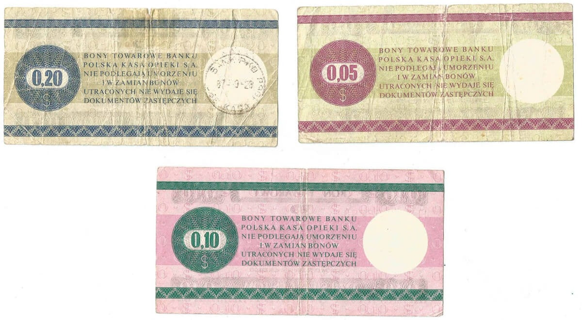 Lot: Zestaw 3 bonów towarowych, 5, 10, 20 centów, 1979 stan 3-/4+
