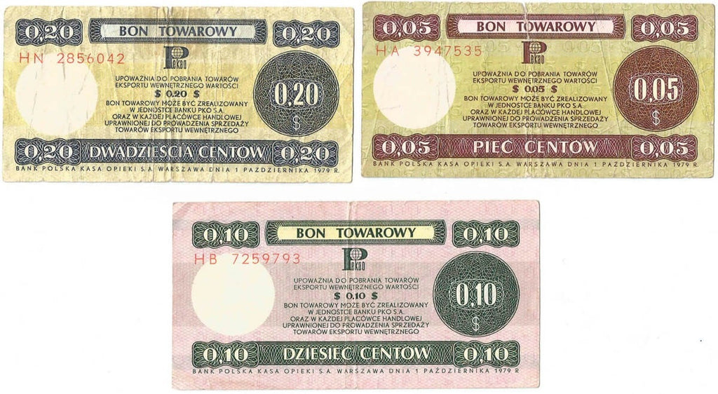 Lot: Zestaw 3 bonów towarowych, 5, 10, 20 centów, 1979 stan 3-/4+