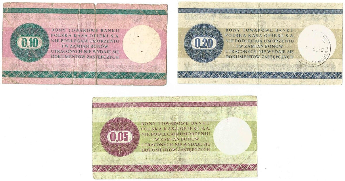 Lot: Zestaw 3 bonów towarowych, 5, 10, 20 centów, 1979 stan 3-