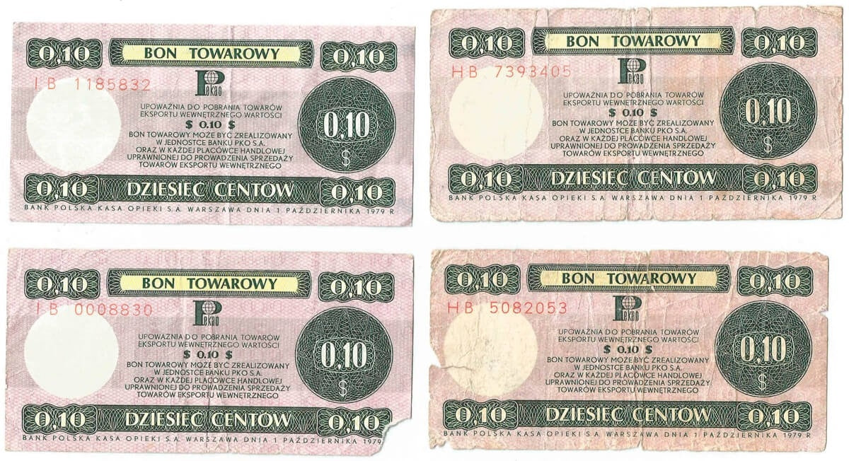 Lot: Zestaw 4 bonów towarowych 10 centów 1979, stan 3-/4