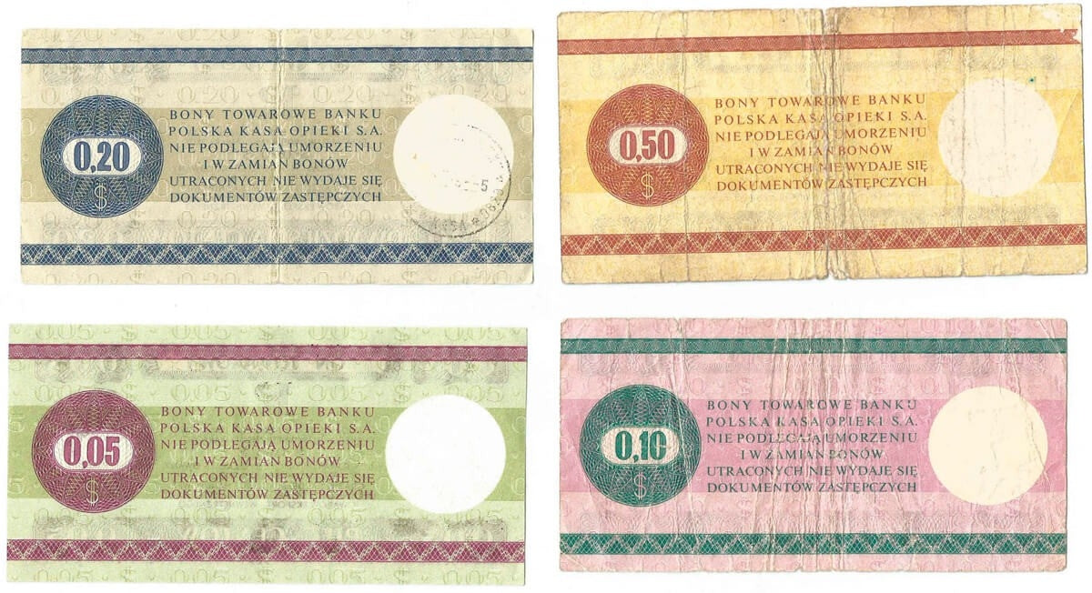 Lot: Zestaw 4 bonów towarowych, 5, 10, 20, 50 centów, 1979 stan 3-/4+